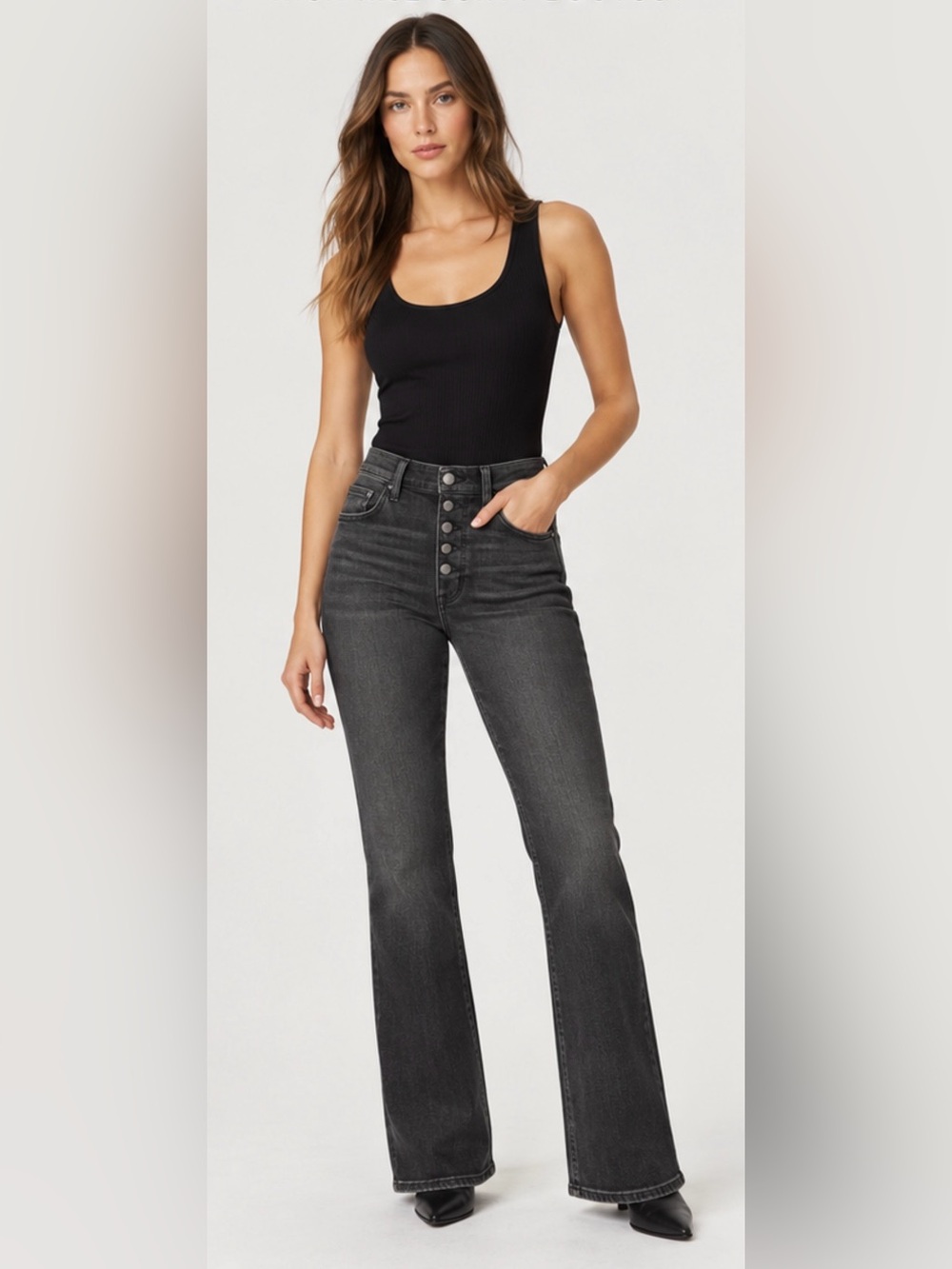 Joe’s Jeans Hi Rise Honey Curvy Bootcut 28 Washed Charcoal Button Fly 34” inseam